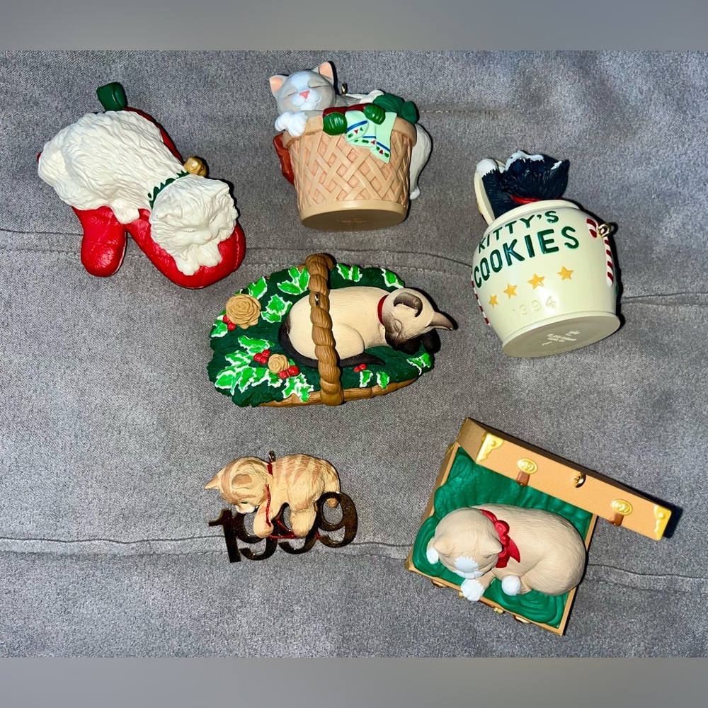 6 Hallmark Keepsake Ornaments from 1990s “Cat Naps” Line - EXCELLENT CONDITION